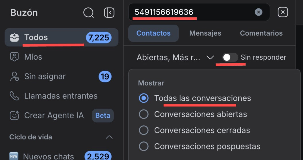 Filtro de número en el buzón Todos, con Todas las conversaciones seleccionado