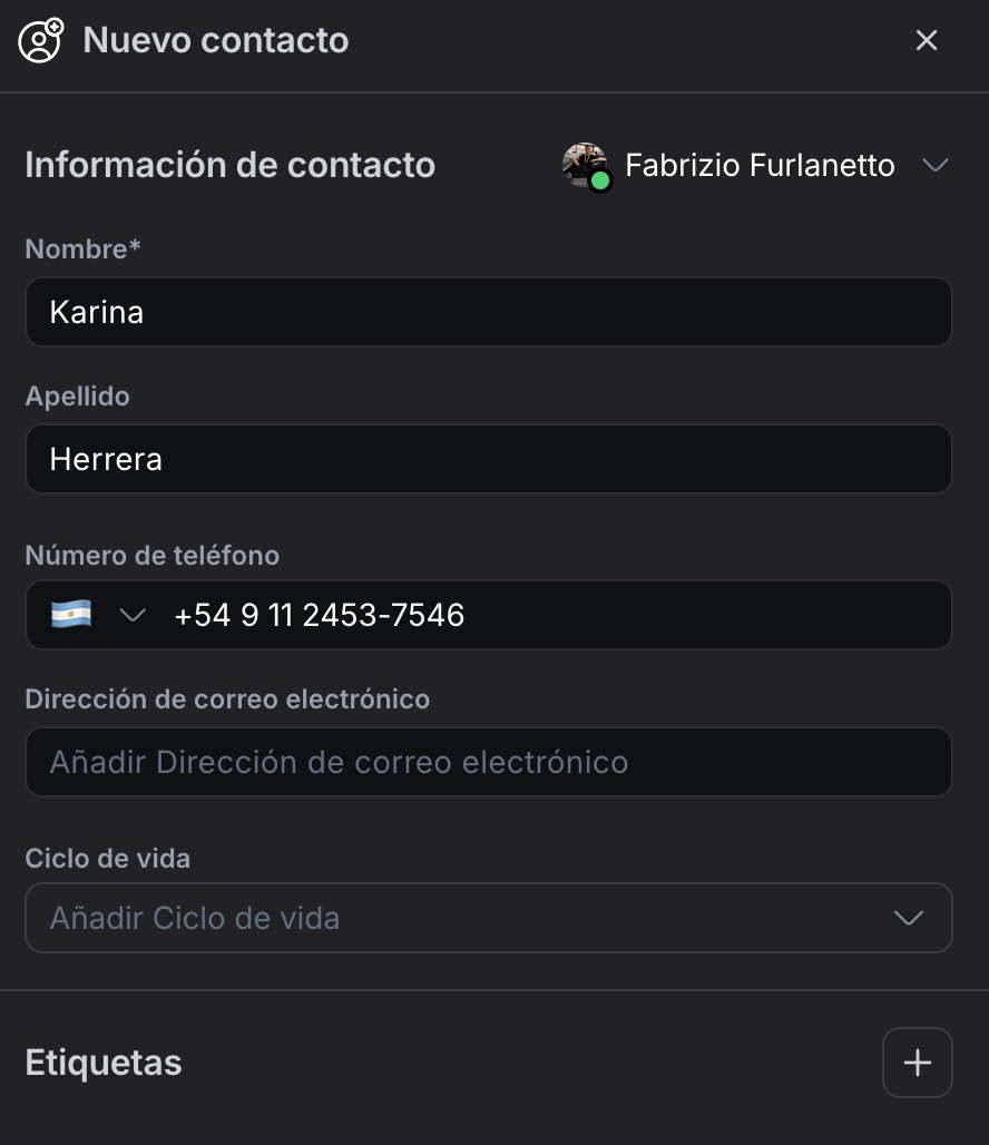 Formulario de nuevo contacto con nombre, apellido y número