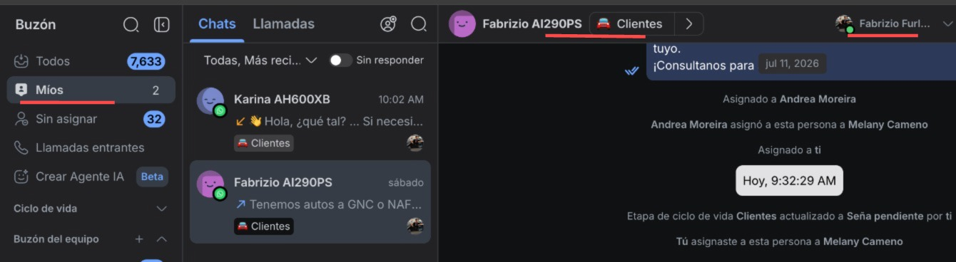 Chat agrupado en Míos con la etiqueta Clientes