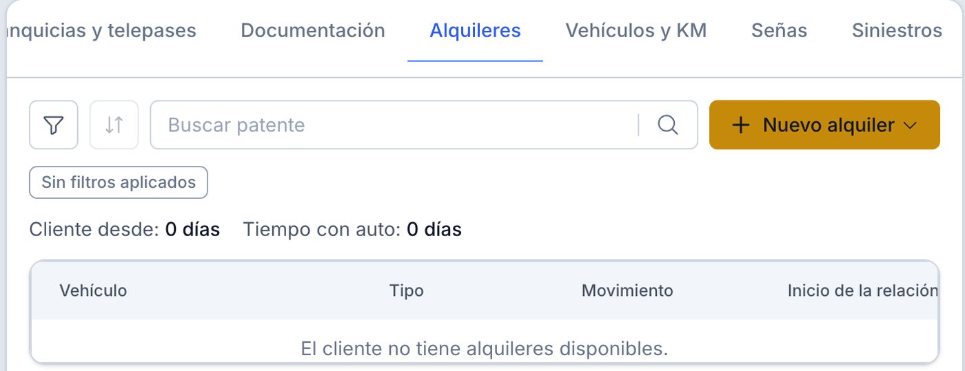 Pestaña Alquileres: botón Nuevo alquiler