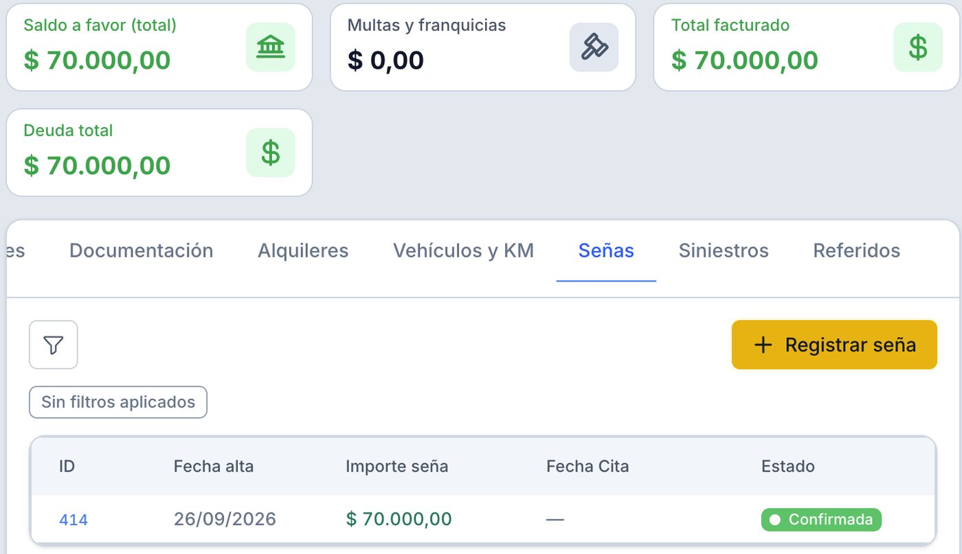 Seña confirmada: aparece en la tabla y en Saldo a favor