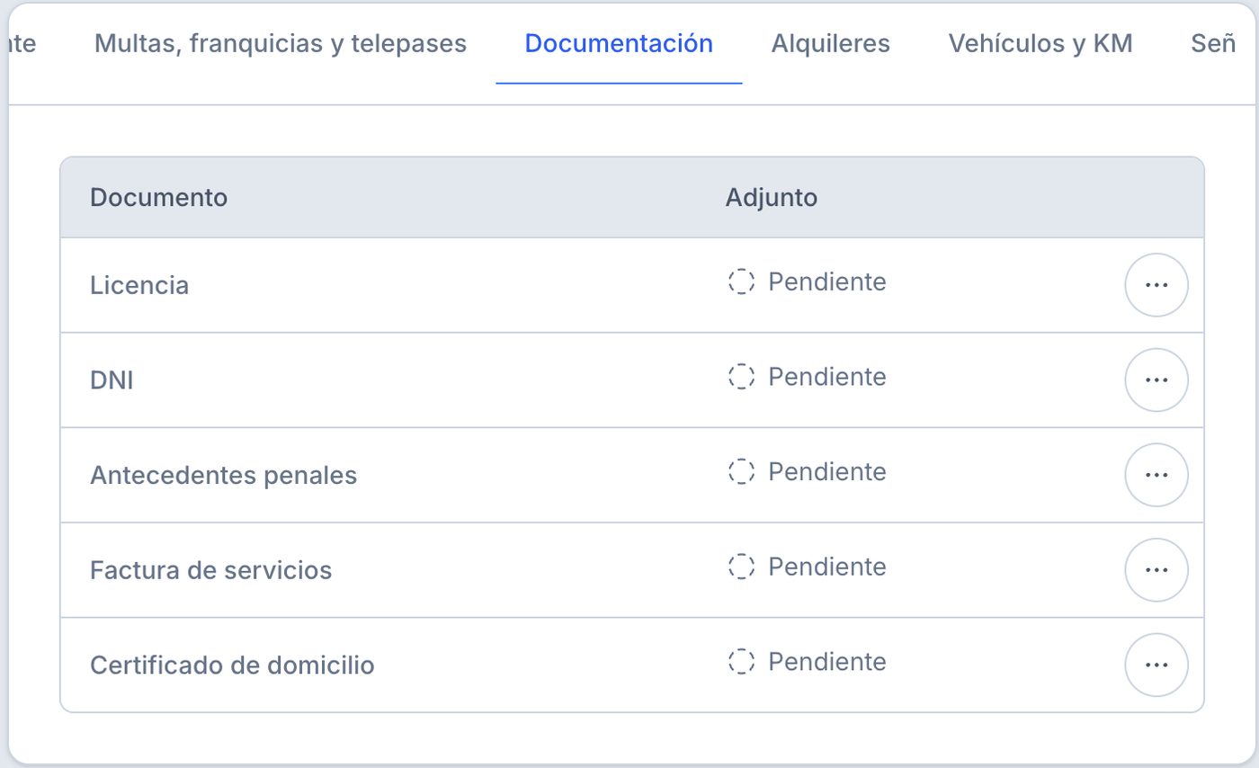 Pestaña Documentación: cada archivo se adjunta desde ···