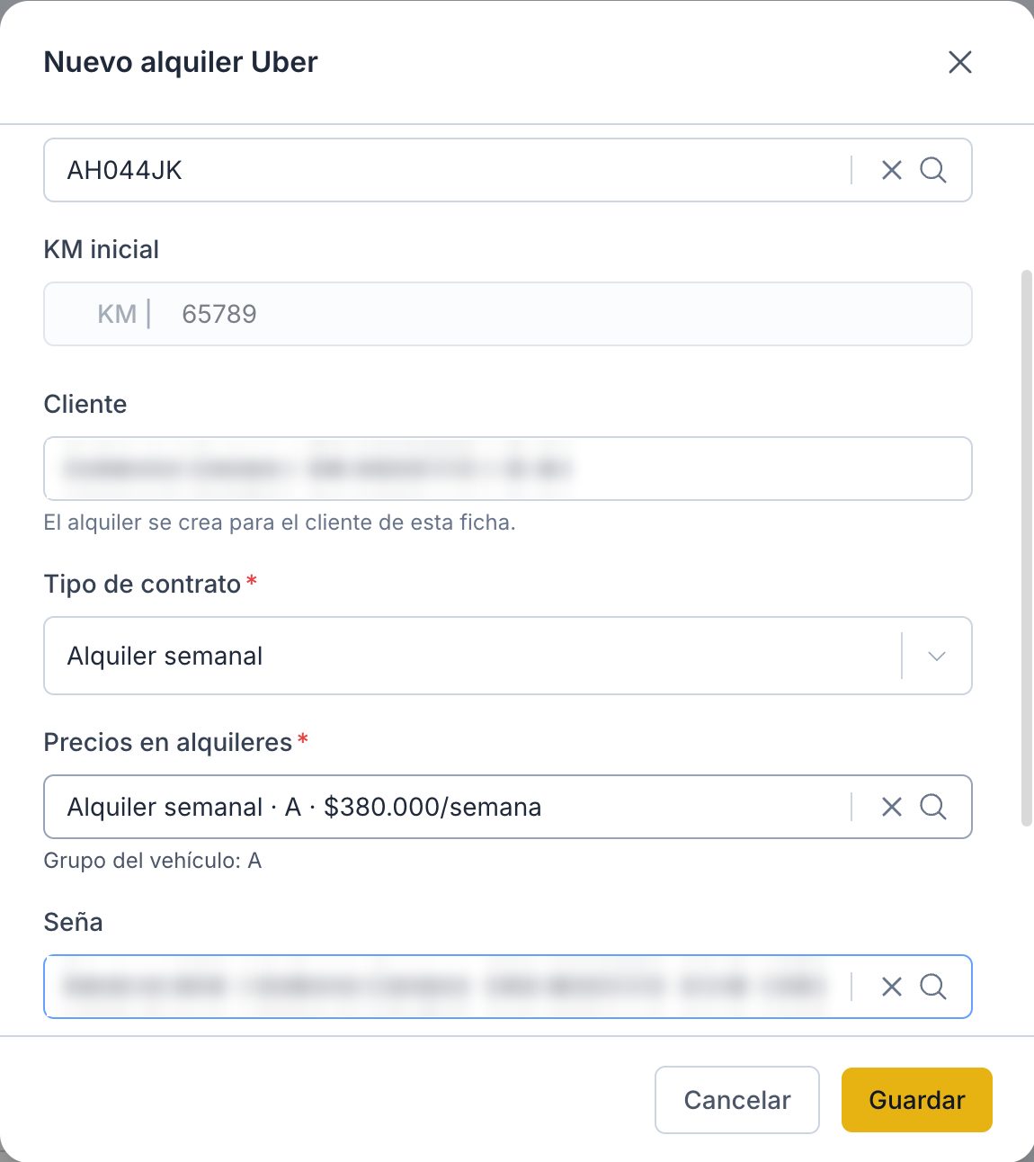 Formulario Nuevo alquiler Uber