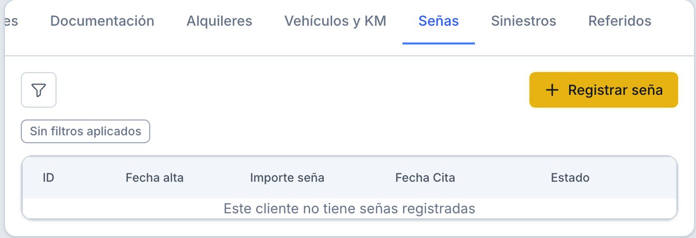 Pestaña Señas: botón Registrar seña